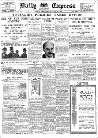Daily Express, 23rd January 1924, front page