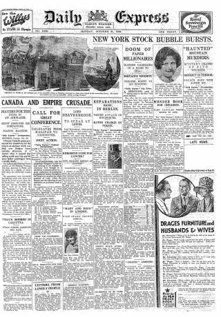 Daily Express, 21st October 1929, front page
