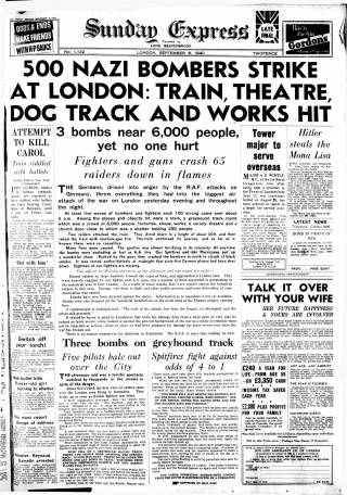 Sunday Express, 8th September 1940, front page